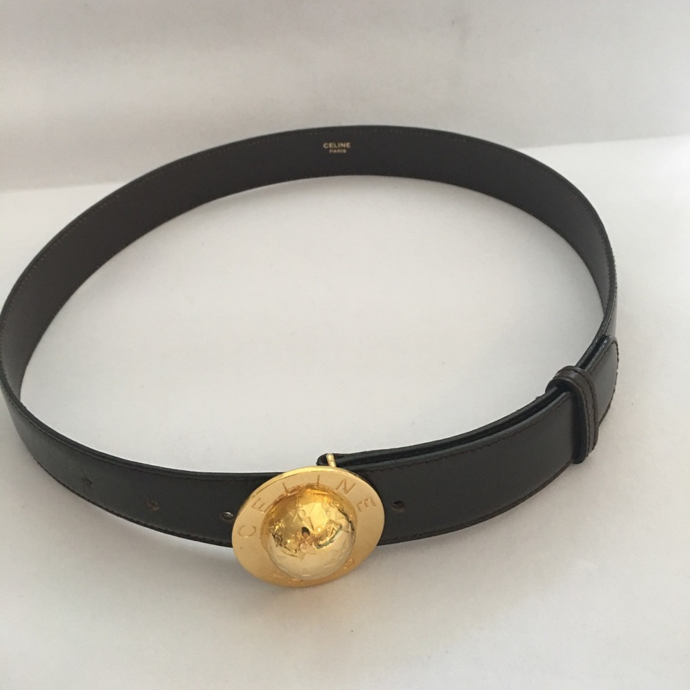 Celine dark brown leather belt with gold globe